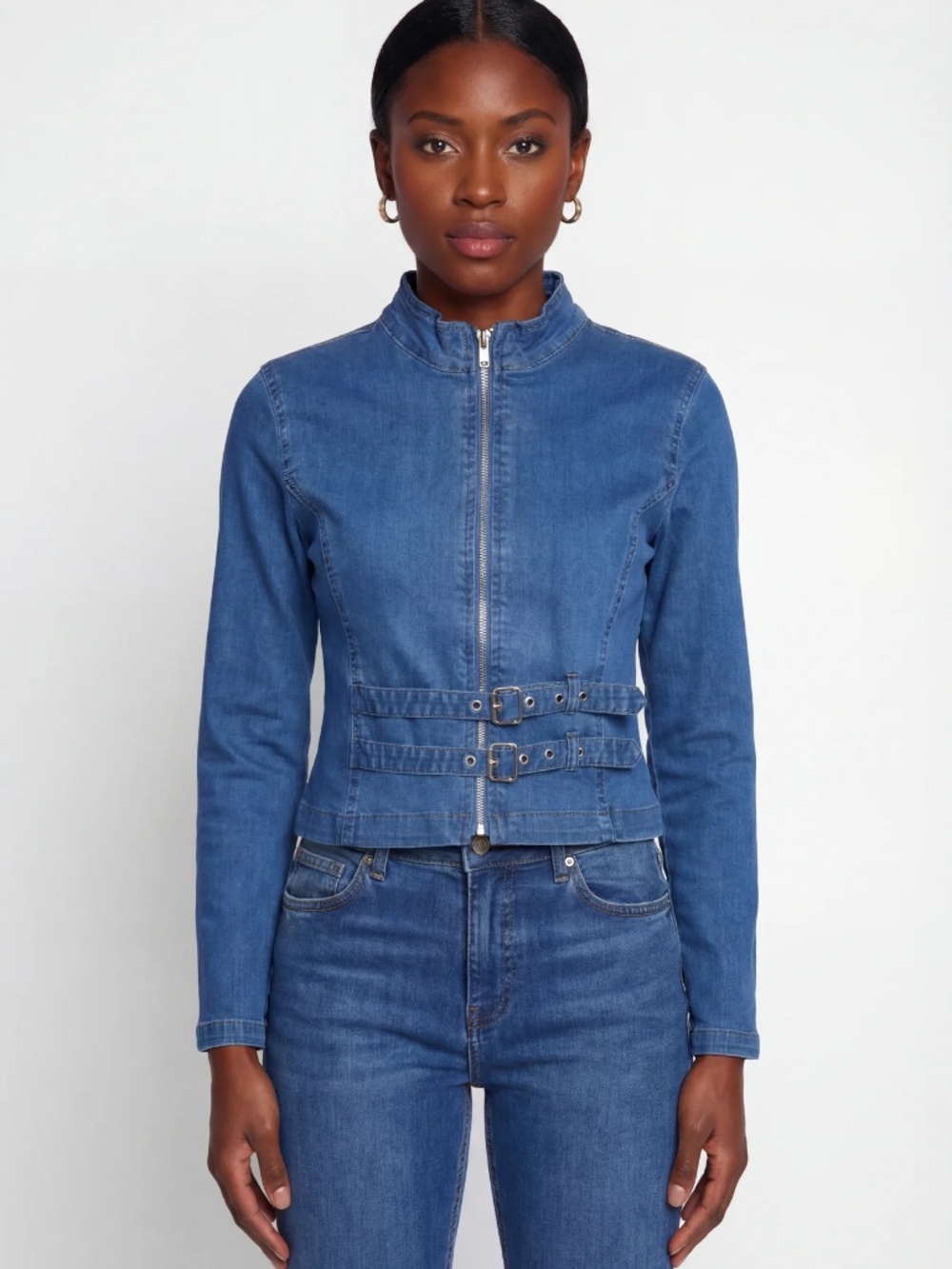 NEW Denim Jean Double Belted Front Moto Jacket - Medium Wash sz Smal S
